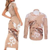 Happy Valentine's Day Polynesia Couples Matching Short Sleeve Bodycon Dress and Long Sleeve Button Shirt SeaTurtle Couple Polynesian - Desert Sand Color