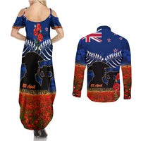 New Zealand ANZAC Day Couples Matching Summer Maxi Dress and Long Sleeve Button Shirt 25 April Last Post Camouflage With Poppies LT14 - Polynesian Pride