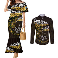 New Zealand Matariki Couples Matching Mermaid Dress and Long Sleeve Button Shirt Maori New Year Silver Fern And Lizard - Gold LT14 Gold - Polynesian Pride