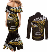 New Zealand Matariki Couples Matching Mermaid Dress and Long Sleeve Button Shirt Maori New Year Silver Fern And Lizard - Gold LT14 - Polynesian Pride