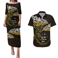 New Zealand Matariki Couples Matching Puletasi and Hawaiian Shirt Maori New Year Silver Fern And Lizard - Gold LT14 Gold - Polynesian Pride