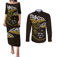 New Zealand Matariki Couples Matching Puletasi and Long Sleeve Button Shirt Maori New Year Silver Fern And Lizard - Gold LT14 Gold - Polynesian Pride