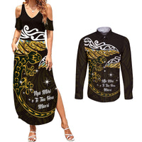 New Zealand Matariki Couples Matching Summer Maxi Dress and Long Sleeve Button Shirt Maori New Year Silver Fern And Lizard - Gold LT14 Gold - Polynesian Pride