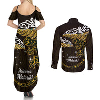 New Zealand Matariki Couples Matching Summer Maxi Dress and Long Sleeve Button Shirt Maori New Year Silver Fern And Lizard - Gold LT14 - Polynesian Pride