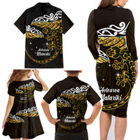 New Zealand Matariki Family Matching Long Sleeve Bodycon Dress and Hawaiian Shirt Maori New Year Silver Fern And Lizard - Gold