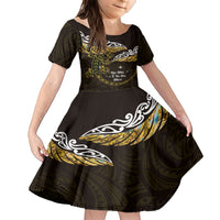 New Zealand Matariki Family Matching Short Sleeve Bodycon Dress and Hawaiian Shirt Maori New Year Silver Fern And Lizard - Gold
