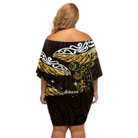 New Zealand Matariki Off Shoulder Short Dress Maori New Year Silver Fern And Lizard - Gold LT14 - Polynesian Pride