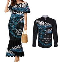New Zealand Matariki Couples Matching Mermaid Dress and Long Sleeve Button Shirt Maori New Year Silver Fern And Lizard - Turquosie LT14 Turquoise - Polynesian Pride