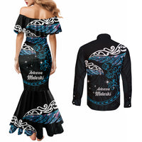 New Zealand Matariki Couples Matching Mermaid Dress and Long Sleeve Button Shirt Maori New Year Silver Fern And Lizard - Turquosie LT14 - Polynesian Pride