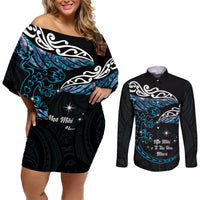 New Zealand Matariki Couples Matching Off Shoulder Short Dress and Long Sleeve Button Shirt Maori New Year Silver Fern And Lizard - Turquosie LT14 Turquoise - Polynesian Pride
