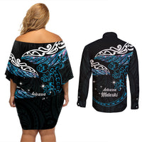 New Zealand Matariki Couples Matching Off Shoulder Short Dress and Long Sleeve Button Shirt Maori New Year Silver Fern And Lizard - Turquosie LT14 - Polynesian Pride
