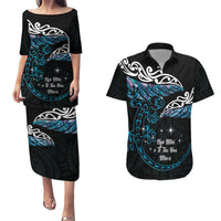 New Zealand Matariki Couples Matching Puletasi and Hawaiian Shirt Maori New Year Silver Fern And Lizard - Turquosie LT14 Turquoise - Polynesian Pride