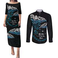 New Zealand Matariki Couples Matching Puletasi and Long Sleeve Button Shirt Maori New Year Silver Fern And Lizard - Turquosie LT14 Turquoise - Polynesian Pride