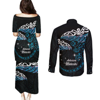 New Zealand Matariki Couples Matching Puletasi and Long Sleeve Button Shirt Maori New Year Silver Fern And Lizard - Turquosie