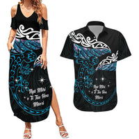 New Zealand Matariki Couples Matching Summer Maxi Dress and Hawaiian Shirt Maori New Year Silver Fern And Lizard - Turquosie LT14 Turquoise - Polynesian Pride