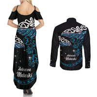 New Zealand Matariki Couples Matching Summer Maxi Dress and Long Sleeve Button Shirt Maori New Year Silver Fern And Lizard - Turquosie LT14 - Polynesian Pride