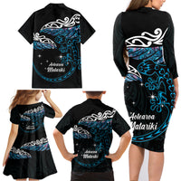 New Zealand Matariki Family Matching Long Sleeve Bodycon Dress and Hawaiian Shirt Maori New Year Silver Fern And Lizard - Turquosie