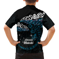 New Zealand Matariki Family Matching Short Sleeve Bodycon Dress and Hawaiian Shirt Maori New Year Silver Fern And Lizard - Turquosie