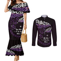 New Zealand Matariki Couples Matching Mermaid Dress and Long Sleeve Button Shirt Maori New Year Silver Fern And Lizard - Purple LT14 Purple - Polynesian Pride