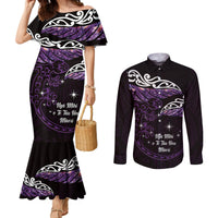 New Zealand Matariki Couples Matching Mermaid Dress and Long Sleeve Button Shirt Maori New Year Silver Fern And Lizard - Purple LT14 Purple - Polynesian Pride
