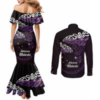 New Zealand Matariki Couples Matching Mermaid Dress and Long Sleeve Button Shirt Maori New Year Silver Fern And Lizard - Purple LT14 - Polynesian Pride