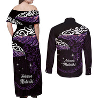 New Zealand Matariki Couples Matching Off Shoulder Maxi Dress and Long Sleeve Button Shirt Maori New Year Silver Fern And Lizard - Purple