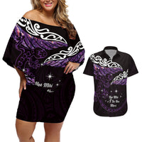 New Zealand Matariki Couples Matching Off Shoulder Short Dress and Hawaiian Shirt Maori New Year Silver Fern And Lizard - Purple LT14 Purple - Polynesian Pride