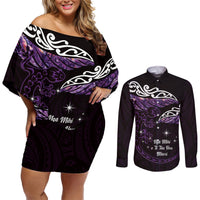 New Zealand Matariki Couples Matching Off Shoulder Short Dress and Long Sleeve Button Shirt Maori New Year Silver Fern And Lizard - Purple LT14 Purple - Polynesian Pride