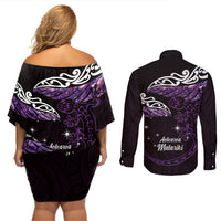 New Zealand Matariki Couples Matching Off Shoulder Short Dress and Long Sleeve Button Shirt Maori New Year Silver Fern And Lizard - Purple LT14 - Polynesian Pride