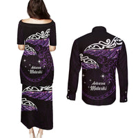 New Zealand Matariki Couples Matching Puletasi and Long Sleeve Button Shirt Maori New Year Silver Fern And Lizard - Purple LT14 - Polynesian Pride