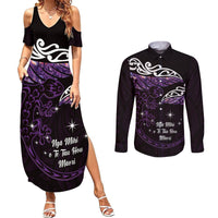 New Zealand Matariki Couples Matching Summer Maxi Dress and Long Sleeve Button Shirt Maori New Year Silver Fern And Lizard - Purple LT14 Purple - Polynesian Pride