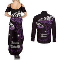 New Zealand Matariki Couples Matching Summer Maxi Dress and Long Sleeve Button Shirt Maori New Year Silver Fern And Lizard - Purple LT14 - Polynesian Pride