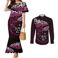 New Zealand Matariki Couples Matching Mermaid Dress and Long Sleeve Button Shirt Maori New Year Silver Fern And Lizard - Pink LT14 Pink - Polynesian Pride