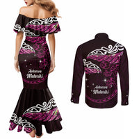 New Zealand Matariki Couples Matching Mermaid Dress and Long Sleeve Button Shirt Maori New Year Silver Fern And Lizard - Pink LT14 - Polynesian Pride