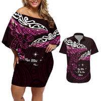 New Zealand Matariki Couples Matching Off Shoulder Short Dress and Hawaiian Shirt Maori New Year Silver Fern And Lizard - Pink LT14 Pink - Polynesian Pride