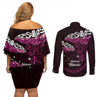 New Zealand Matariki Couples Matching Off Shoulder Short Dress and Long Sleeve Button Shirt Maori New Year Silver Fern And Lizard - Pink LT14 - Polynesian Pride