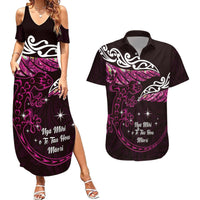 New Zealand Matariki Couples Matching Summer Maxi Dress and Hawaiian Shirt Maori New Year Silver Fern And Lizard - Pink LT14 Pink - Polynesian Pride