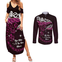 New Zealand Matariki Couples Matching Summer Maxi Dress and Long Sleeve Button Shirt Maori New Year Silver Fern And Lizard - Pink LT14 Pink - Polynesian Pride