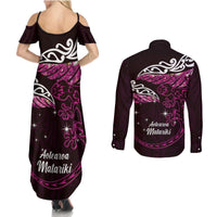 New Zealand Matariki Couples Matching Summer Maxi Dress and Long Sleeve Button Shirt Maori New Year Silver Fern And Lizard - Pink LT14 - Polynesian Pride