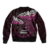 New Zealand Matariki Sleeve Zip Bomber Jacket Maori New Year Silver Fern And Lizard - Pink