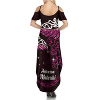 New Zealand Matariki Summer Maxi Dress Maori New Year Silver Fern And Lizard - Pink LT14 - Polynesian Pride