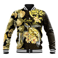 Personalised Aloha Hawaii Oahu Island Baseball Jacket Gathering Place Sea Turtle Ilima Flowers