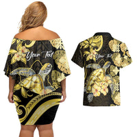 Personalised Aloha Hawaii Oahu Island Couples Matching Off Shoulder Short Dress and Hawaiian Shirt Gathering Place Sea Turtle Ilima Flowers
