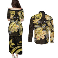 Personalised Aloha Hawaii Oahu Island Couples Matching Puletasi and Long Sleeve Button Shirt Gathering Place Sea Turtle Ilima Flowers