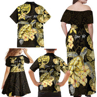 Personalised Aloha Hawaii Oahu Island Family Matching Off Shoulder Maxi Dress and Hawaiian Shirt Gathering Place Sea Turtle Ilima Flowers