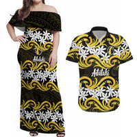 Personalised Cook Islands Aitutaki Couples Matching Off Shoulder Maxi Dress and Hawaiian Shirt Tiare Maori Polynesian Waves Tattoo LT14 Yellow - Polynesian Pride