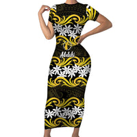 Personalised Cook Islands Aitutaki Short Sleeve Bodycon Dress Tiare Maori Polynesian Waves Tattoo