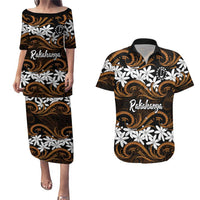 Personalised Cook Islands Rakahanga Couples Matching Puletasi and Hawaiian Shirt Tiare Maori Polynesian Waves Tattoo LT14 Orange - Polynesian Pride