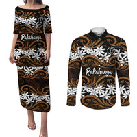 Personalised Cook Islands Rakahanga Couples Matching Puletasi and Long Sleeve Button Shirt Tiare Maori Polynesian Waves Tattoo
