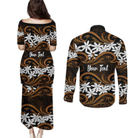 Personalised Cook Islands Rakahanga Couples Matching Puletasi and Long Sleeve Button Shirt Tiare Maori Polynesian Waves Tattoo